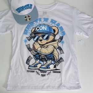 Hustle Hard White and Blue Kids T-Shirt & hat Sz L 10-12 NWT